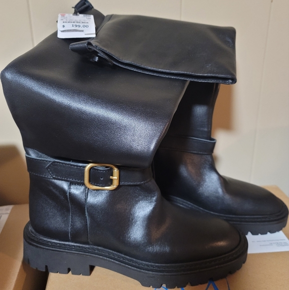 ZARA FLAT LEATHER BOOTS WITH BUCKLE - Picture 7 of 9